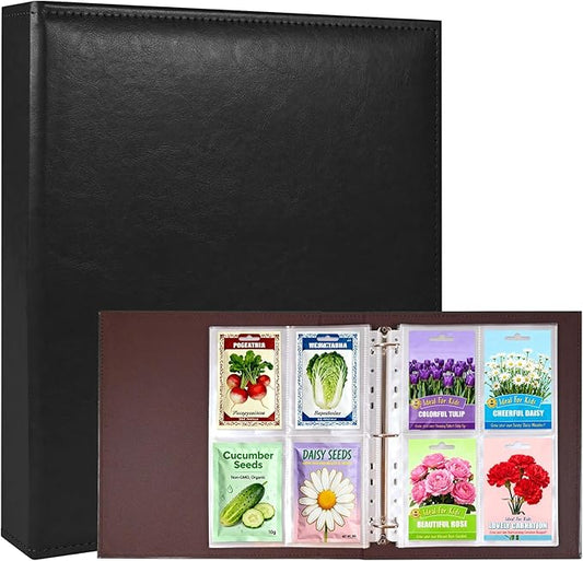 A4 3 Ring Binder Garden Seeds Storage Album with 30 Pcs 3.5x5” Seed Packet Sleeves, PU Leather Hardcover Organization Book for Seed Packet，Photo, Index Card，240 Top Loading Pockets Capacity