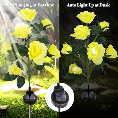 Solar Rose Lights Outdoor, 2 Pack with 14 Rose Flowers Waterproof Color Changing LED Flower Lights, Solar Powered Garden Stakes for Yard, Patio, Pathway Decor - Artificial Floral Decorative Lighting