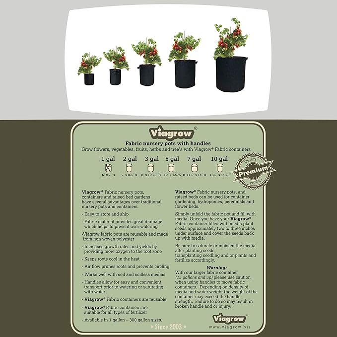 Viagrow Grow Bags/Aeration Fabric Pots with Handles (5 Pack), 1 Gallon, Black (V1GAPOT-5)