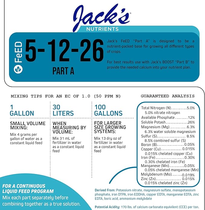 Jack's Classic Nutrients 5-12-26 Part A Water-Soluble Fertilizer for Growth of Leaves and Strong Roots in Plants Grown in Continuous Liquid Feed Programs, 2.2Lbs