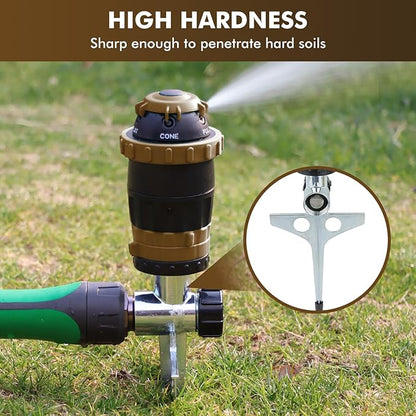 [2 Pack] RESTMO Gear Drive Sprinkler with Metal Spike Base, 5-Pattern Heavy Duty Gardening Watering System, Multi-Adjustable Lawn Sprinkle for Garden Plant, Flower Bed and Large Yard Area, Brown