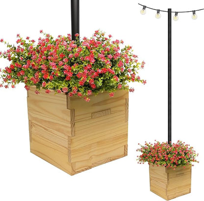 Large Decorative Wooden Planter w/ Universal Pole Support for String Light Poles, Umbrellas, Bird Feeders. Solid Wood Outdoor Garden Patio Box For Plants(Does not include Pole), 14"x14"x14", Natural