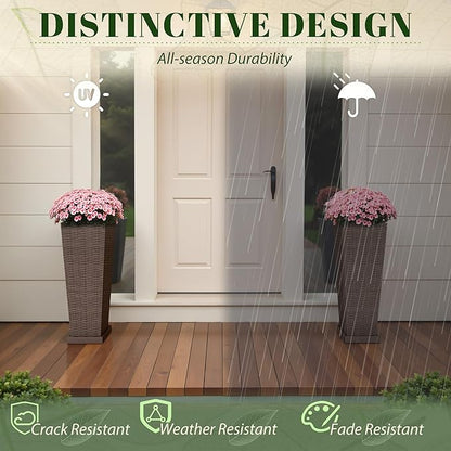 JUMMICO Set of 2 Resin Rattan Tall Planters for Outdoor Plants, Large Tapered Planters with Drainage Holes, Inner Trays and Outer Saucers, Flower Pots for Garden, Patio, Porch, Backyard (Brown, 24")
