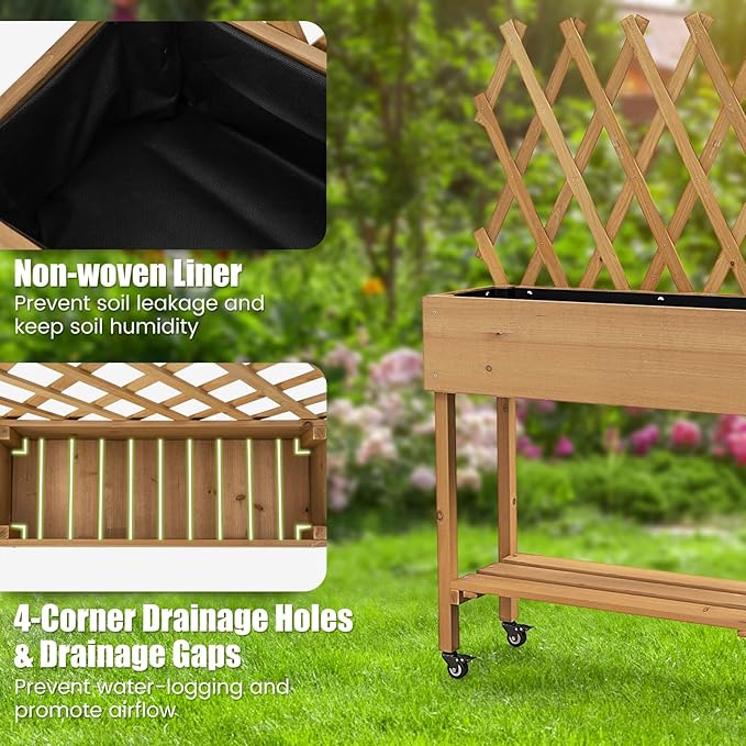 Raised Garden Bed with Trellis, Fir Wood Elevated Planter Bed with Legs, 2 Lockable Wheels & Storage Shelf, Wooden Planter Box Raised Bed for Gardening, Backyard, Balcony & Greenhouse