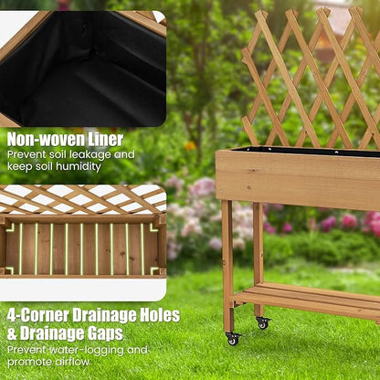 Raised Garden Bed with Trellis, Fir Wood Elevated Planter Bed with Legs, 2 Lockable Wheels & Storage Shelf, Wooden Planter Box Raised Bed for Gardening, Backyard, Balcony & Greenhouse