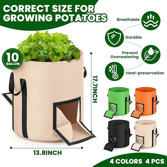 4 Pcs Upgraded Potato Grow Bags 10 Gallon with Harvest Window Visible Window Planting Bags Gardening Pots Thickened Nonwoven Planter for Growing Potato Tomato Vegetable (Multicolor)