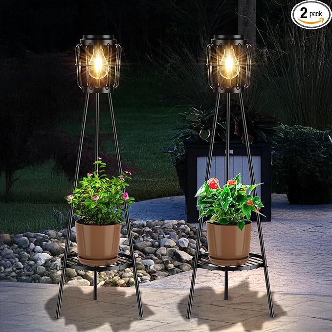 MXwcy 2 Pack Solar Lights Outdoor with Plant Stands, Solar Floor Lamp with LED Edison Bulbs for Garden Yard Pathway Driveway Front/Back Porch Decoration