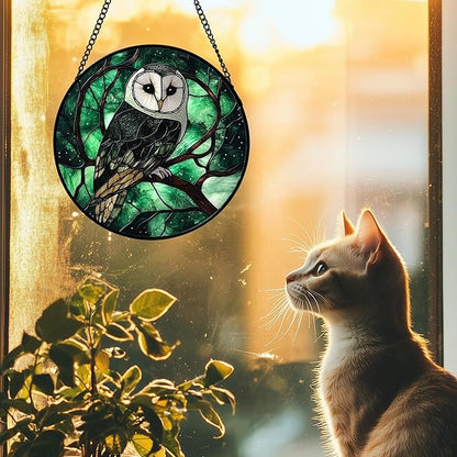Stained Glass Window Hanging 4 Pcs Set Green Forest Night Sky Wildlife Large 11.8" - Suncatcher Door Garden Sun Catcher Decor Birthday for Mom Woman Nana Men Friend