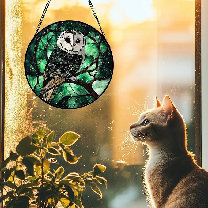 Stained Glass Window Hanging 4 Pcs Set Green Forest Night Sky Wildlife 7.8" - Suncatcher Door Garden Sun Catcher Decor Birthday for Mom Woman Nana Men Friend
