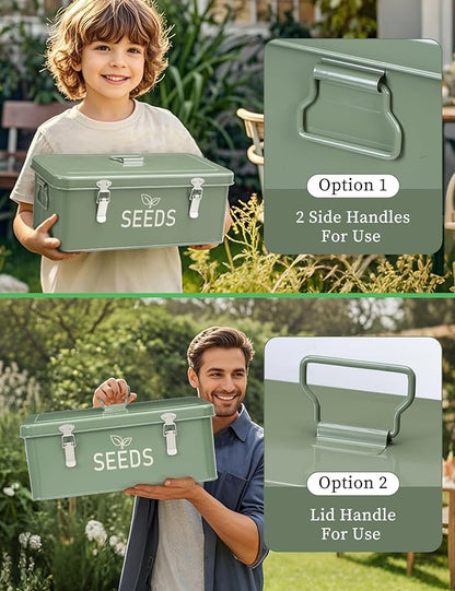 Metal Seed Storage Organizer, Seed Storage Box with Safety Locks, Compartments Box with 3 Clear Plant Nursery Pots, 40 Plant Labels, 30 Seed Envelopes, 1 Marker Pen