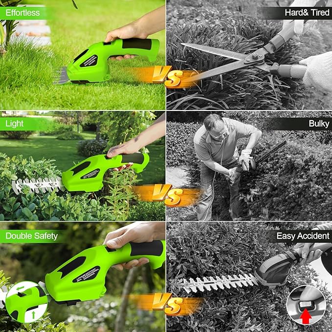 Cordless Hedge Trimmer 2000mAh, 7.2V Handheld Hedge Clippers Electric Shrubbery Trimmer, 2 in-1 Grass Clippers Trimmer Grass Cutter, Rechargeable Battery and Charger for Garden, Lawn