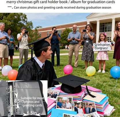 Gift Card Photo Album Book - 100 Pockets with Label Paper, Fits Greeting Cards & Photos, Ideal for College High School Graduation, Christmas& Birthday Gift Storage (black)