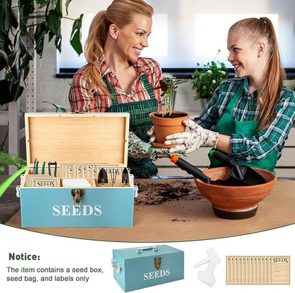 Coolrunner Wood Seed Saving Box, Seed Storage Organizer Case, Seed Packet Storage Organizer with Lock and 3 Handles, 30P Plant Labels, 30P Seeding Envelopes Bag (Blue)