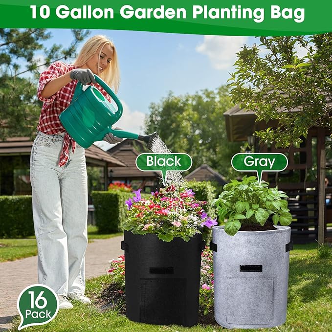 16 Pack Potato Grow Bags 10 Gallon Garden Planting Bag Garden Potato Grow Bags with Flap Vegetable Grow Bags Potato Growing Containers with Handles and Harvest Window for Potato Tomato and Vegetables