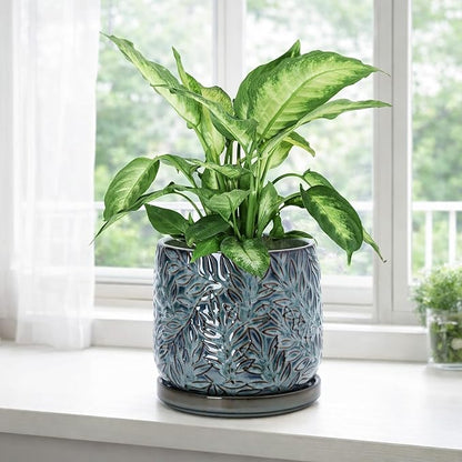 D'vine Dev 6 Inch Embossed Leaves Stoneware Planter Pot with Drainage Hole and Saucer, Ocean Teal, 27-A-X-8