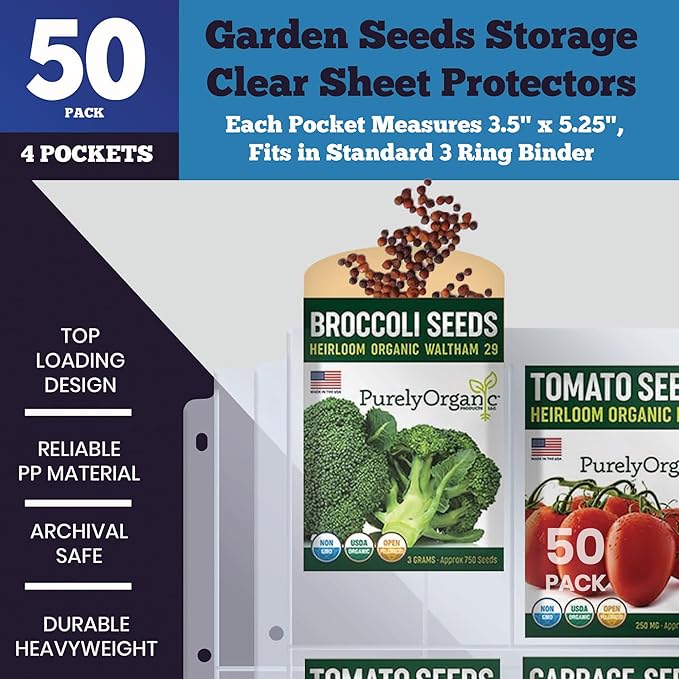 Performore Seed 400 Storage Organizer Sleeves (3.5" x 5.25") – 4 Pocket Garden Seed Organizer Fits Standard 3-Ring Binders – for Seed Packets, Coupons, Photos, and Cards – 50 Pack
