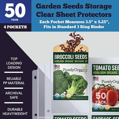Performore Seed 400 Storage Organizer Sleeves (3.5" x 5.25") – 4 Pocket Garden Seed Organizer Fits Standard 3-Ring Binders – for Seed Packets, Coupons, Photos, and Cards – 50 Pack