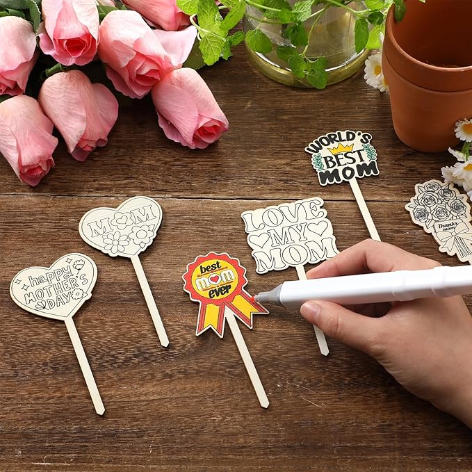 15 Pcs Mother's Day Crafts Mom Plant Stakes Craft Kits Color Your Own Best Mom Plant Labels Gift DIY Unfinished Cutouts Present Tags for Mother's Day, Gardeners, Funny Gardening Gifts