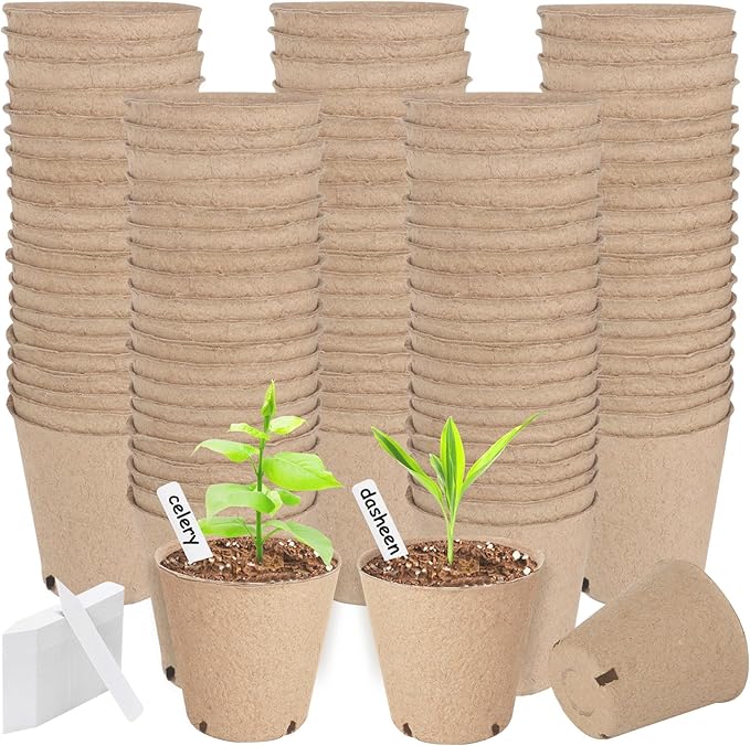 130 Pack Peat Pots, 3 Inch Plant Starter Round Nursery Pot with Drainage Holes, Seedling Nursery Box, Seed Starting Tray, Bulk Garden Germination Paper Pulp Container with 130 Plant Labels