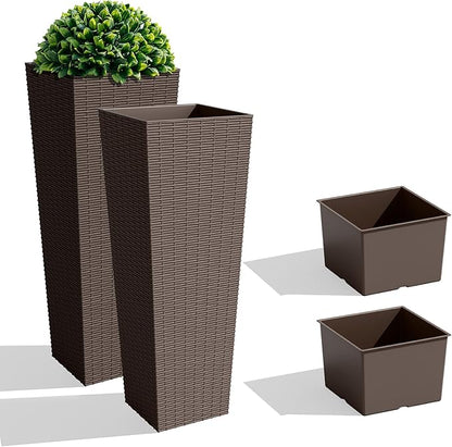 JUMMICO Set of 2 Resin Rattan Tall Planters for Outdoor Plants, Large Tapered Planters with Drainage Holes&Inner Trays, Flower Pots for Garden, Patio, Porch, Backyard (Brown, 32'')