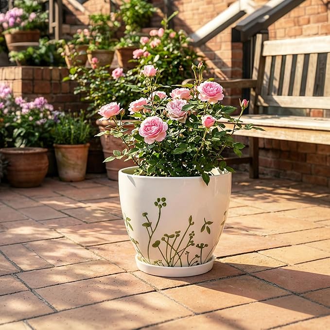 Ceramic Pot for Plants 10 Inch - Indoor Planter for Plants with Drainage Hole and Saucer, Decorative Boho Round Planter, Gardening Gifts for Women Men, Office Home Garden Decor, White