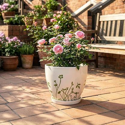 Ceramic Pot for Plants 10 Inch - Indoor Planter for Plants with Drainage Hole and Saucer, Decorative Boho Round Planter, Gardening Gifts for Women Men, Office Home Garden Decor, White
