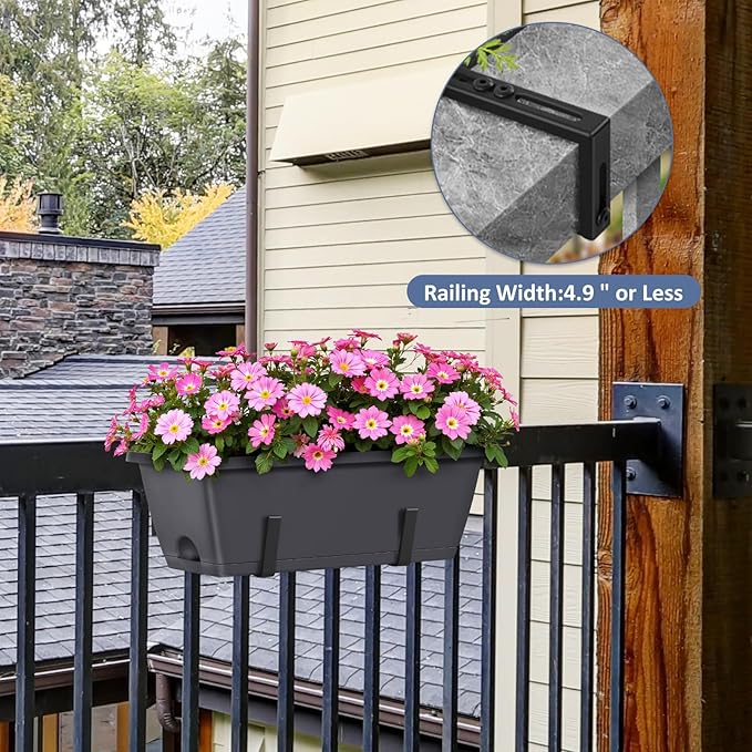 CADUKE 4 Pack Railing Planter Box Grey Window Flower Boxes with Brackets Hanging Fence Planters Plastic Outdoor Deck Railing Planter Boxes for Balcony Patio Garden