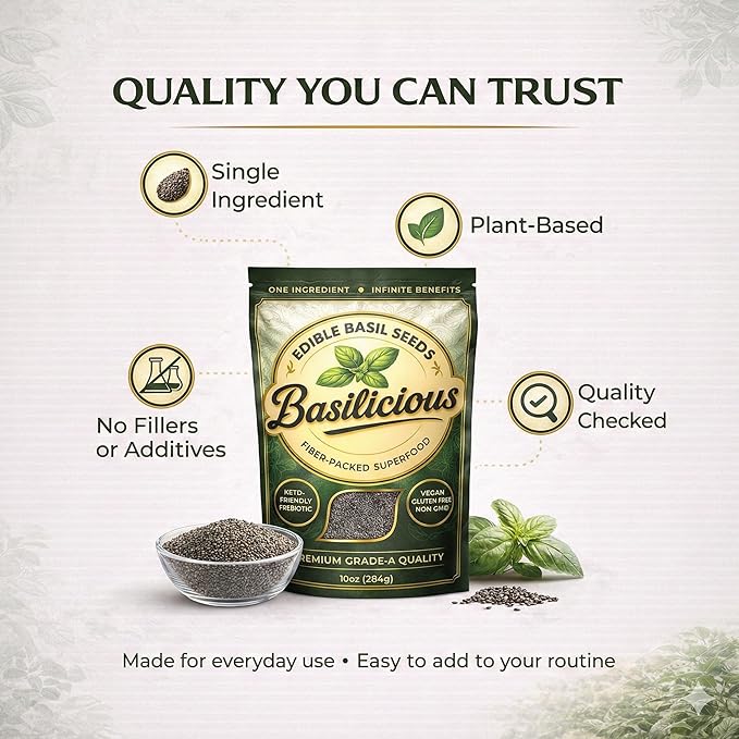 Basilicious Edible Basil Seeds (Sabja, Tukmaria) – High-Fiber Superfood for Hydration & Digestion – Vegan, Gluten-Free, Non-GMO – 10oz Resealable Bag