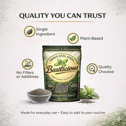 Basilicious Edible Basil Seeds (Sabja, Tukmaria) – High-Fiber Superfood for Hydration & Digestion – Vegan, Gluten-Free, Non-GMO – 10oz Resealable Bag