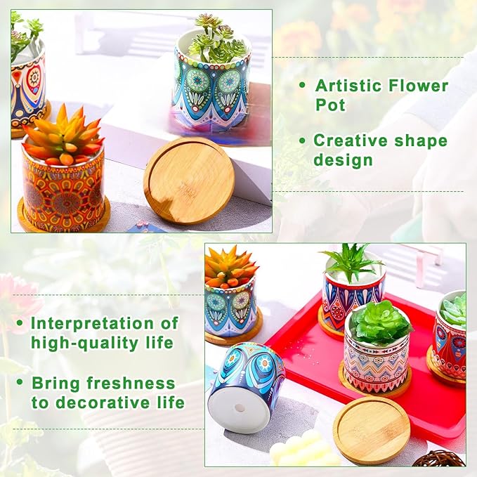 Zopeal 12 Pcs 3 Inch Mandala Ceramic Succulent Pots with Bamboo Trays, Small Indoor Cactus Planters with Drainage Holes for Desk, Windowsill and Home Decor