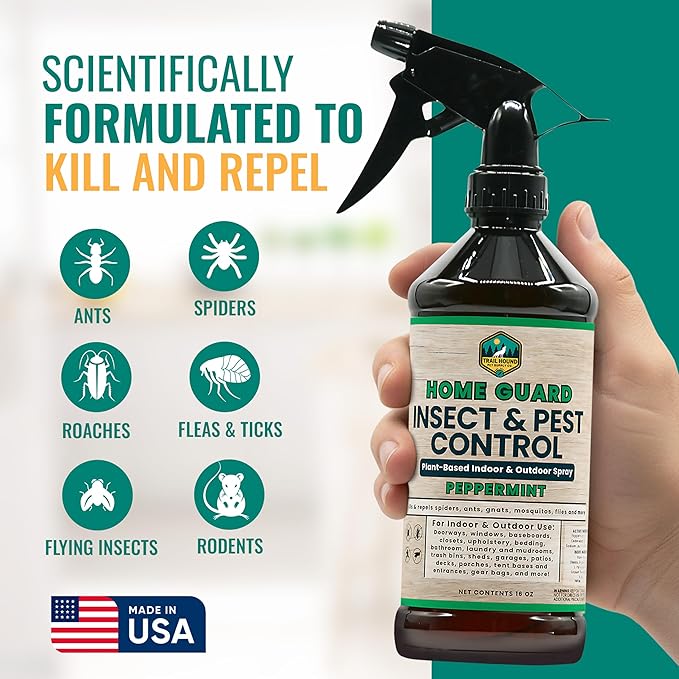 Home Guard Peppermint Insect & Pest Control Spray – Peppermint & Cedarwood Oil Deodorizer with Extended Protection – USA-Made, Safe for Kids & Pets – Kills & Repels Bugs – Indoor & Outdoor Use - 16oz