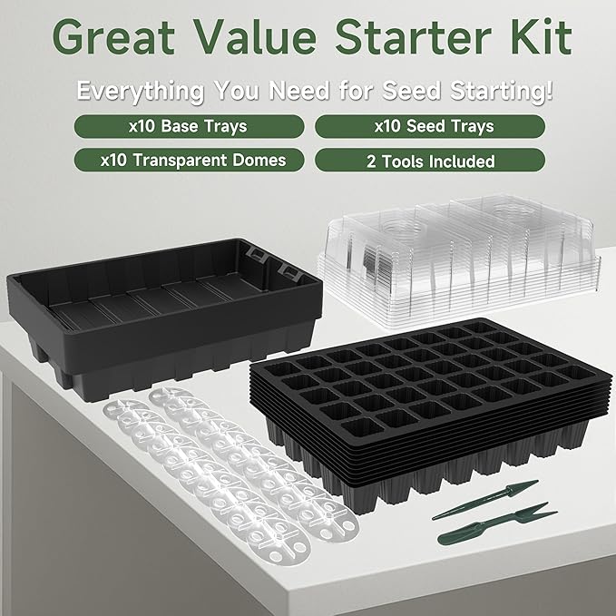 Gardzen 10-Set Garden Propagator Set, Seed Tray Kits with 400-Cell, Seed Starter Tray with Dome and Base 15" x 9" (40-Cell Per Tray)