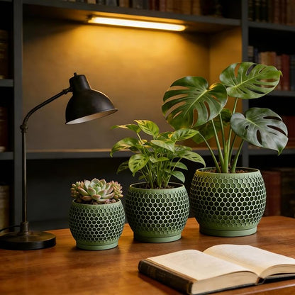 Plant Pots, Modern 3D Printed Honeycomb Planters for Indoor Plants, 4.7/6/8 Inch Military Green Decorative Flower Pot for Office Desktop, Bookshelf & Home Decor, Lightweight & Durable