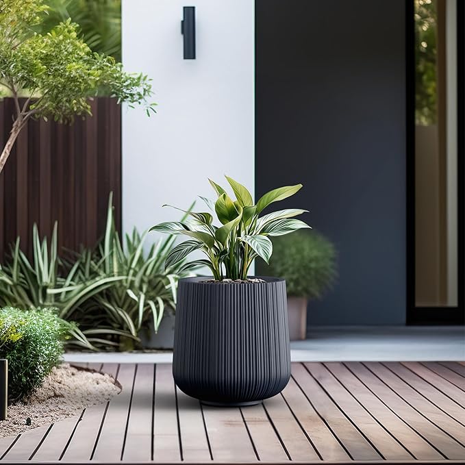 Kante 13.0" Dia Round Fluted Concrete Planter, Large Plant Pot with Drainage, Smooth Charcoal Finish with Painted Interior, for Indoor and Outdoor Use