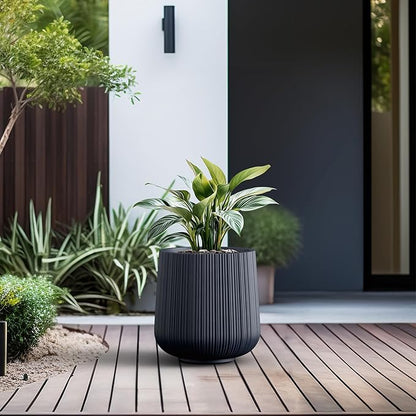 Kante 13.0" Dia Round Fluted Concrete Planter, Large Plant Pot with Drainage, Smooth Charcoal Finish with Painted Interior, for Indoor and Outdoor Use