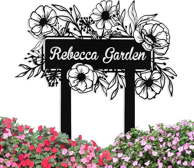 Custom Metal Flower Garden Sign with Stake, Personalized Garden Signs for Outside, Customized Garden Name Signs for Yard Lawn Outdoor Decor Gardening Gifts for Moms Grandmas Gardeners