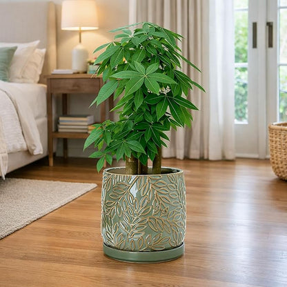 D'vine Dev 10 Inch Embossed Leaves Stoneware Planter Pot with Drainage Hole and Saucer, Olive, 27-A-P-0