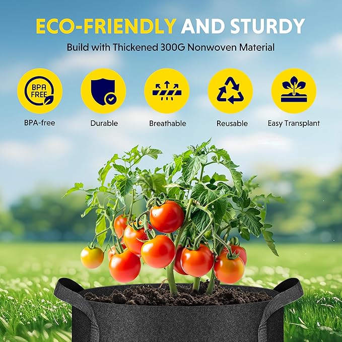 iPower 12-Pack 5 Gallon Grow Bags Heavy Duty Thickened Aeration Nonwoven Fabric Pots with Nylon Handles and 12 Labels for Planting Vegetables, Fruits, Flowers, Black