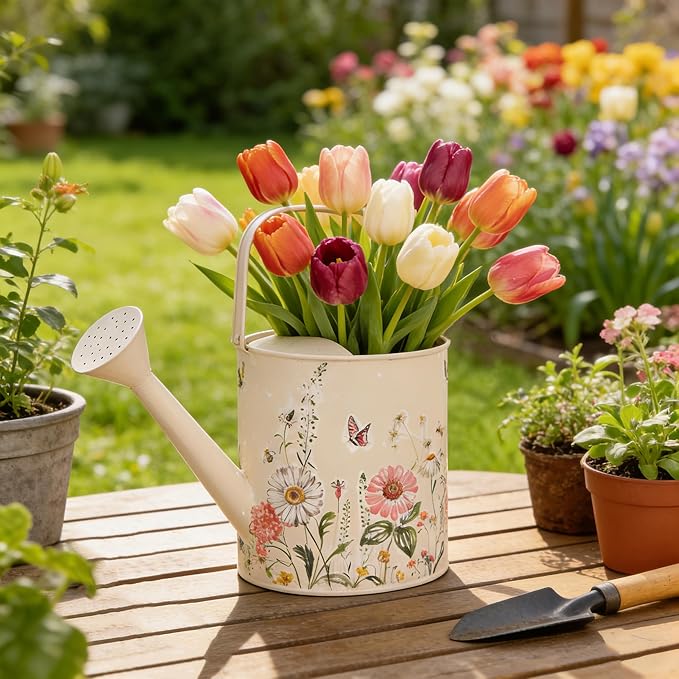 Vintage Floral Metal Watering Can for Indoor/Outdoor Plants, Pink Functional Garden Waterer with Long Spout, Garden Water Pot Rustic Decor for Home Garden Patio