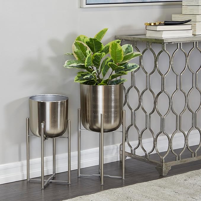 Deco 79 Metal Indoor Outdoor Planter Deep Recessed Dome Large Planter Pot with Removable Stand, Set of 2 Planters 19", 22"H, Silver