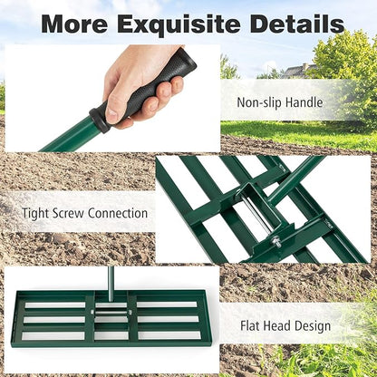 30" x 10" Lawn Leveling Rake, Heavy Duty Landscape Rake with 67" Handle, Non-Slip Grip & Flat Head, Space-Saving Lawn Level Tool for Garden, Backyard, Golf Course & Sports Field(Green)
