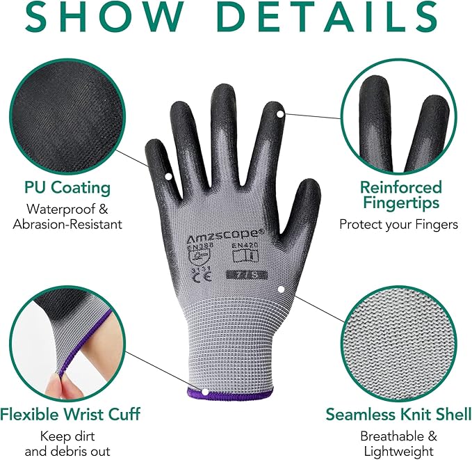 Work Gloves-PU Coated,12 Pairs,Thin Garden Gloves for Men Women,Ideal for Light Duty Work