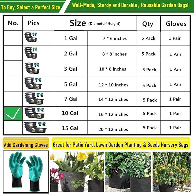 5-Pack 10 Gallon Thickened Plant Grow Bags (16x12 inch) Fabric Plant Pots for Tomato,Potato Planters,Herbs Veggies Planter Bag,Flower Pot,Garden Pot,Barrel Planter,Plant Container W/ Gardening Gloves