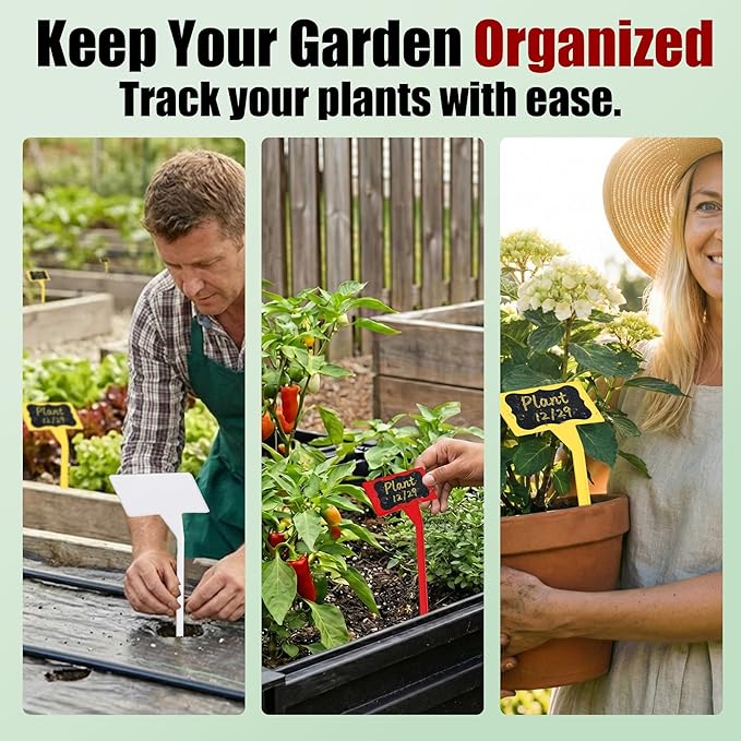 100 Pack T-Type Plant Labels for Outdoor Garden (5 Colors) with 104 Black Stickers & 2 Gold Paint Pen, Large 11.8" Waterproof Plastic Garden Markers Tags for Herbs, Flowers, Vegetables