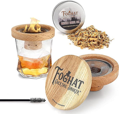 THOUSAND OAKS BARREL Foghat Cocktail Smoker W/ Bourbon Barrel Wood Shavings-Infuse Cocktails, Wine, Whiskey, Cheese, Meats, Dried Fruits, Salt and More!-Smoking Glass Cloche Accessories