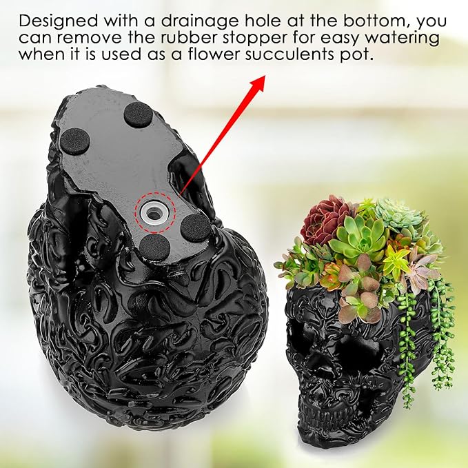 OwnMy Resin Skull Planter for Indoor Plants, Black Skull Flower Succulent Pot with Drainage Holes, Halloween Skulls Head Planter Decorative Small Succulents Planters Pot for Tabletop
