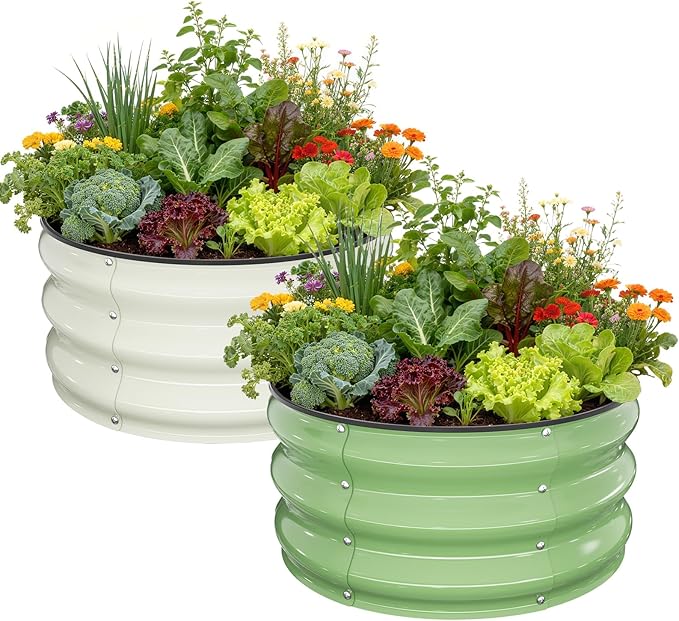 Galvanized Raised Garden Bed, 2pcs 2x2x1 FT Round Planter Box for Outdoor, Raised Beds for Gardening Vegetables Flower Herb(Pearl White & Sage Green)