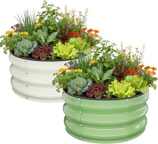 Galvanized Raised Garden Bed, 2pcs 2x2x1 FT Round Planter Box for Outdoor, Raised Beds for Gardening Vegetables Flower Herb(Pearl White & Sage Green)