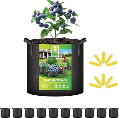 iPower 10 Pack 3 Gallon Grow Bags 300G Thickened Sturdy Plant Fabric Pots with 10 Labels and Handles, Aeration Garden Cloth Planter Bag for Outdoor Fruits, Vegetables and Flowers