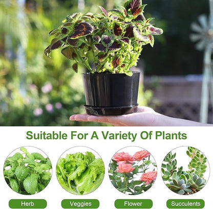 4.7 Inch Plastic Plant Pots 8 Pack, Round Classic Planters with Drainage Holes and Saucers for Indoor Outdoor Plants, Perfect for African Violet, Snake Plant, Succulents (Black)
